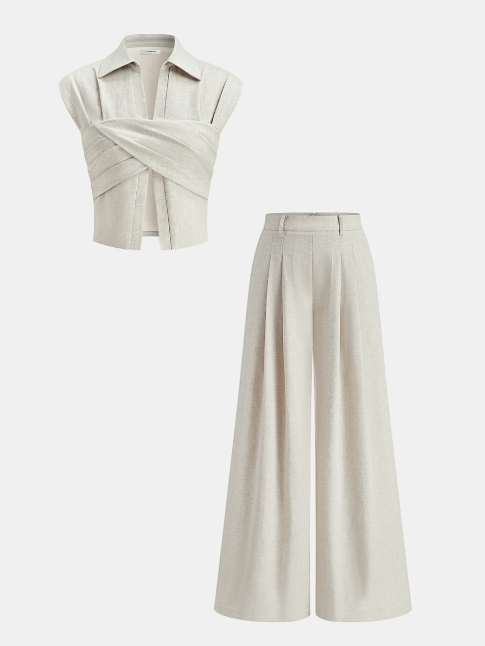 Commense Cream Wide-Leg Pants with Draped Crop Top - Picture 3 of 8